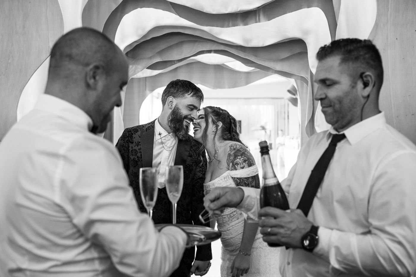 Champagne toast, in black and white