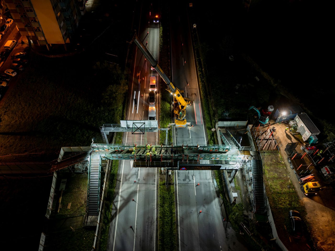 Night aerial view of motorway works
